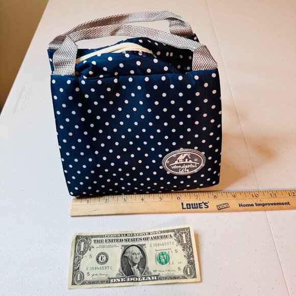 Small Blue Polka Dot Insulated Lunch Bag With Handles & Zipper Closure - Picture 10 of 11